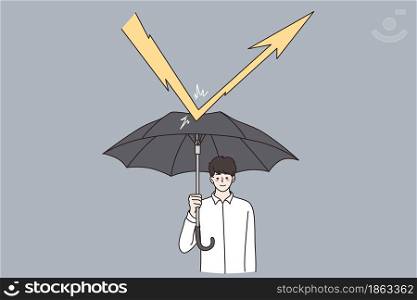 Business safety, defending, strategy concept. Young businessman cartoon character standing with umbrella and defending from thunder lightning arrows hitting vector illustration . Business safety, defending, strategy concept.