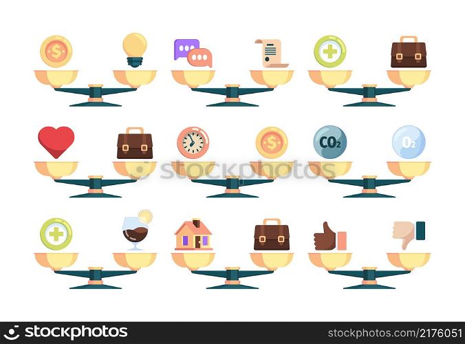 Business scales. Concept comparison times and money visualisation idea light bulb friendship on scales garish vector flat illustrations. Comparison idea and money, balance weight. Business scales. Concept comparison times and money visualisation idea light bulb friendship on scales garish vector flat illustrations