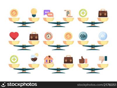 Business scales. Concept comparison times and money visualisation idea light bulb friendship on scales garish vector flat illustrations. Comparison idea and money, balance weight. Business scales. Concept comparison times and money visualisation idea light bulb friendship on scales garish vector flat illustrations