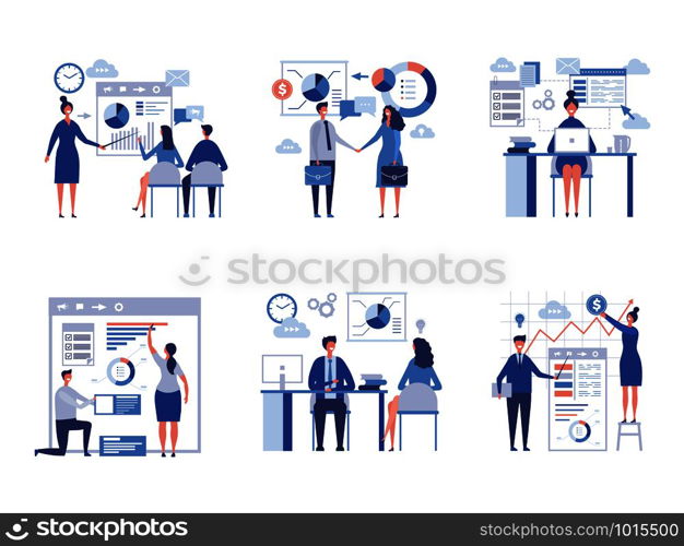 Business scene collection. Oversize abstract office characters managers directors crowd team worked vector businessmen pictures. Office employee, worker teamwork, presentation charts illustration. Business scene collection. Oversize abstract office characters managers directors crowd team worked vector businessmen pictures