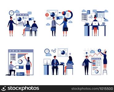 Business scene collection. Oversize abstract office characters managers directors crowd team worked vector businessmen pictures. Office employee, worker teamwork, presentation charts illustration. Business scene collection. Oversize abstract office characters managers directors crowd team worked vector businessmen pictures