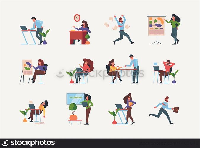 Business scenes. Active managers office people business collaboration persons talking sitting dialogue and brainstorming vector flat characters. Illustration of business discussion and communication. Business scenes. Active managers office people business collaboration persons talking sitting dialogue and brainstorming garish vector flat characters isolated