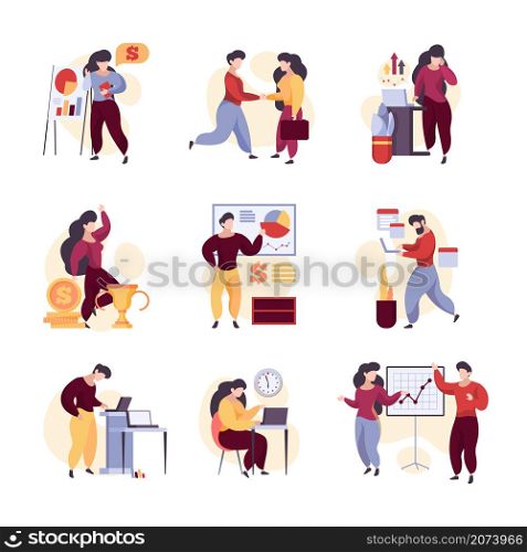 Business scenes. Office characters managers communication people talking working garish vector illustrations. Illustration business work office, communication professional teamwork. Business scenes. Office characters managers communication people talking working garish vector illustrations