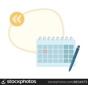 Business scheduling quote textbox with flat objects. Time management. Save important date. Speech bubble with editable cartoon illustration. Creative quotation isolated on white background. Business scheduling quote textbox with flat objects