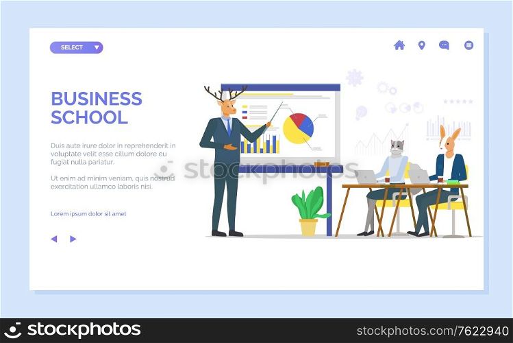 Business school gaining knowledge vector, deer standing by whiteboard, hipster animal with class, cat and kangaroo listening to tutor by board. Website or web page template, landing page flat style. Business School, Hipster Animal Deer Presentation