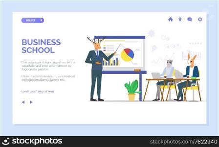 Business school gaining knowledge vector, deer standing by whiteboard, hipster animal with class, cat and kangaroo listening to tutor by board. Website or web page template, landing page flat style. Business School, Hipster Animal Deer Presentation