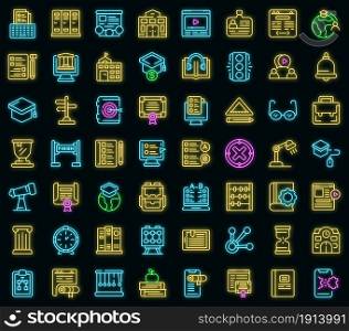 Business school icons set. Outline set of business school vector icons neon color on black. Business school icons set vector neon