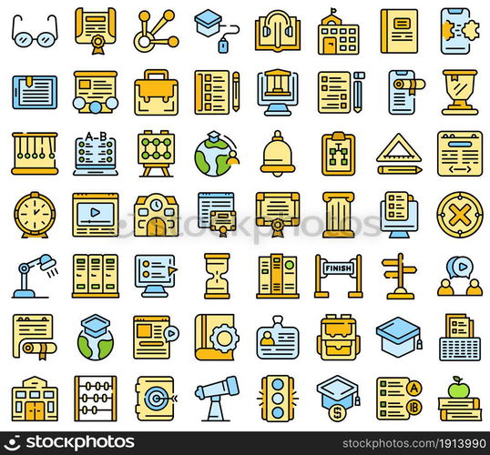 Business school icons set. Outline set of business school vector icons thin line color flat isolated on white. Business school icons set line color vector