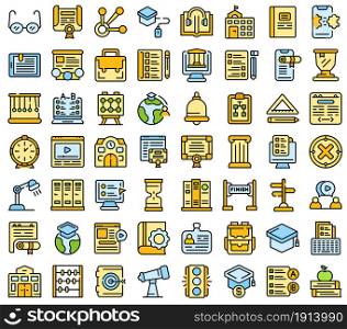 Business school icons set. Outline set of business school vector icons thin line color flat isolated on white. Business school icons set line color vector