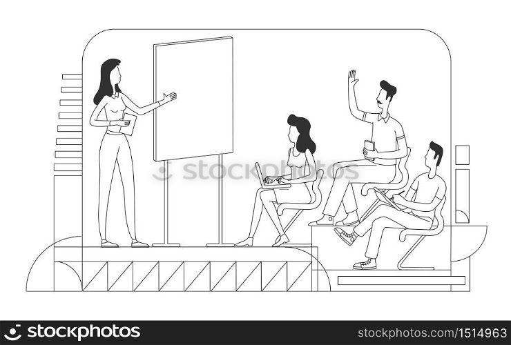 Business school thin line vector illustration. Teacher and students outline characters on white background. Corporate mentorship, professional training course, coaching simple style drawing