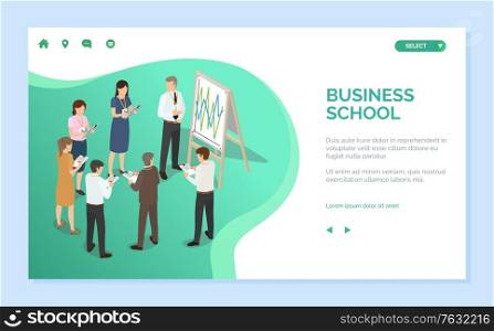 Business school vector, brainstorming people standing by whiteboard. Coach with information on board, students and teachers teaching students. Website or webpage template, landing page flat style. Business School, Whiteboard and Brainstorming