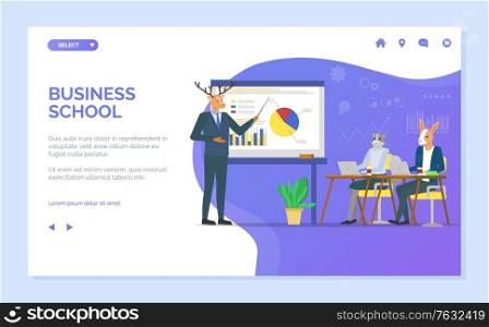 Business school vector, deer giving presentation to kangaroo, hipster animals at work, whiteboard with charts and information for tutoring. Website or webpage template, landing page flat style. Business School Deer Presenter Teaching Animals