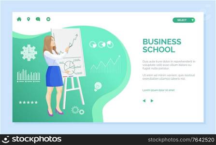 Business school vector, lady standing by whiteboard, presentation of woman ideas generation. Infocharts and cogwheel processing of info data. Website or webpage template, landing page flat style. Business School Woman Giving Presentation Website