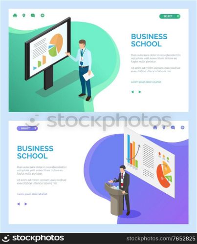 Business school vector, male wearing formal suit showing computer screen with charts and diagram. Infocharts for education and skills development. Website or webpage template, landing page flat style. Business School, Businessman Giving Presentation