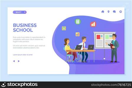 Business school vector, people sitting by desk listening to seminar lead by boss. Whiteboard with charts and info, personal mentor and teacher. Website or webpage template, landing page flat style. Business School, Education and Development Web