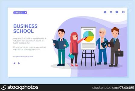 Business school vector, people standing by whiteboard giving ideas. Muslim woman with businessman wearing suits and holding briefcases. Website or webpage template, landing page flat style. Business School, Learning Details Presentation