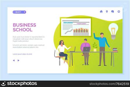 Business school vector, person showing information on board, teacher with presentation for students, ideas generation on seminar, workshop. Website or webpage template, landing page flat style. Business School Presenter with Information Board