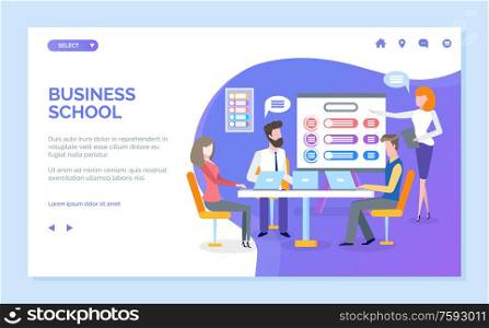 Business school vector, presentation given by woman coach, students listening and giving ideas. Brainstorming and new ideas generation. a Website or webpage template, landing page flat style. Business School Woman Presenting Ideas on Board
