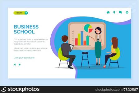 Business school vector, woman standing by whiteboard explaining details of subject, personal coach for students. Listeners and smart mentor. Website or webpage template, landing page flat style. Business School Woman Giving Presentation Web