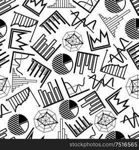 Business seamless pattern of financial pie charts, bar and linear graphs, diagrams and histograms. Presentation, business report or education theme design. Pie charts, graphs and diagrams pattern