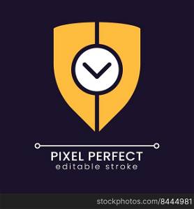 Business security pixel perfect RGB color icon for dark theme. Insurance policy. Protective shield. Simple filled line drawing on night mode background. Editable stroke. Poppins font used. Business security pixel perfect RGB color icon for dark theme
