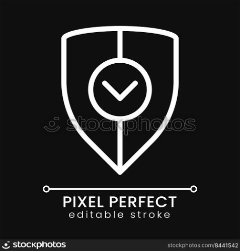 Business security pixel perfect white linear icon for dark theme. Insurance policy. Protective shield. Thin line illustration. Isolated symbol for night mode. Editable stroke. Poppins font used. Business security pixel perfect white linear icon for dark theme