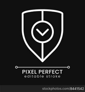 Business security pixel perfect white linear icon for dark theme. Insurance policy. Protective shield. Thin line illustration. Isolated symbol for night mode. Editable stroke. Poppins font used. Business security pixel perfect white linear icon for dark theme