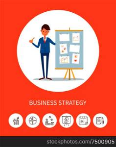 Business seminar, businessman with presentation vector. Head of company, analyst with whiteboard and data, charts and diagrams, plan strategy presenter. Business Seminar, Businessman with Presentation