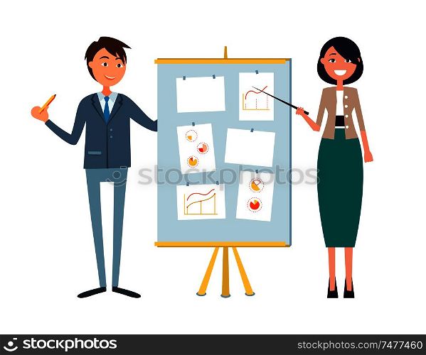 Business seminar, businesswoman and man presenters vector. Chief executive planning company strategy, plan of board. Analysts showing pie diagrams. Business Seminar, Businesswoman and Man Presenters