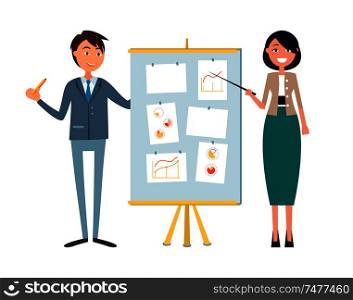 Business seminar, businesswoman and man presenters vector. Chief executive planning company strategy, plan of board. Analysts showing pie diagrams. Business Seminar, Businesswoman and Man Presenters