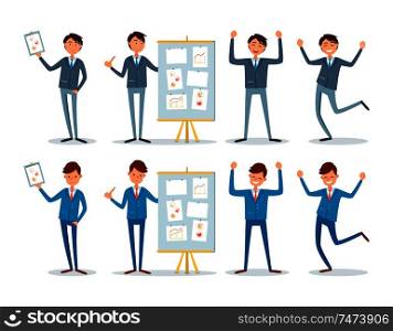 Business seminar, presenter with charts on board vector. Businessman with paper documentation, plan strategy of company. Analyst planning next steps. Business Seminar, Presenter with Charts on Board