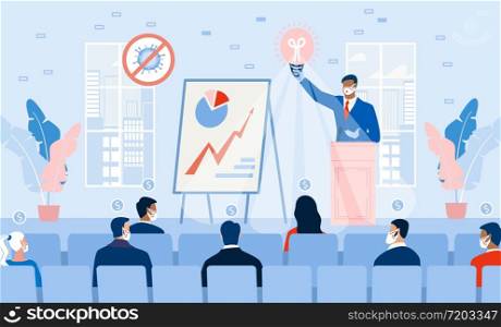 Business Seminar Strategy Idea. Businessman Speaker Doing Presentation at Podium on Stage. Professional Marketing Sales, E-Commerce Training Front of Audience. Motivation Conference. Covid Outbreak. Business Seminar Profitable Strategy Idea on Stage