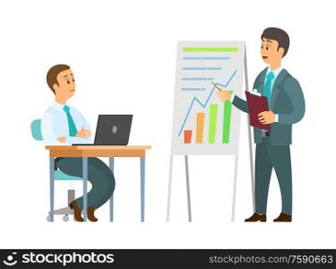 Business seminar vector, explanation of plan on whiteboard. Boss with infographics, worker with laptop noting given fresh ideas, solution for company. Presenter with Whiteboard on Seminar, Conference