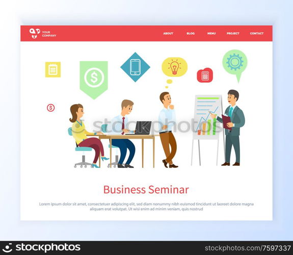 Business seminar vector, people on conference listening to leader and proposing ideas for solution of project. Boss with workers on meeting. Website or webpage template, landing page flat style. Business Seminar Boss with Workers on Meeting