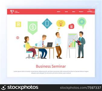 Business seminar vector, people on conference listening to leader and proposing ideas for solution of project. Boss with workers on meeting. Website or webpage template, landing page flat style. Business Seminar Boss with Workers on Meeting