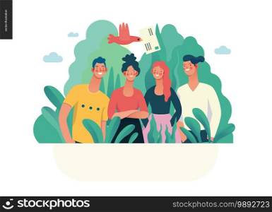 Business series, color 1 - about company, contact -modern flat vector concept illustration of a company employees posing together. Business workflow management. Creative landing page design template. Business series - about company, contact web template