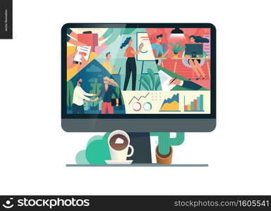 Business series, color 1- about company, office life -modern flat vector concept illustration of a company employees in workspace. Business workflow management. Creative landing page design template. Business series - about company, office life web template