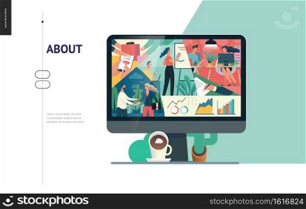 Business series, color 1- about company, office life -modern flat vector concept illustration of a company employees in workspace. Business workflow management. Creative landing page design template. Business series - about company, office life web template