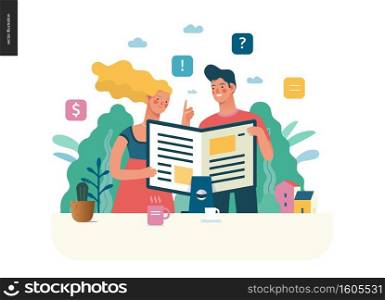 Business series, color 1 - articles - modern flat vector illustration concept of man and woman reading article on the folded computer screen like a magazine. Creative landing page design template. Business series - articles, web template