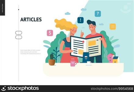 Business series, color 1 - articles - modern flat vector illustration concept of man and woman reading article on the folded computer screen like a magazine. Creative landing page design template. Business series - articles, web template