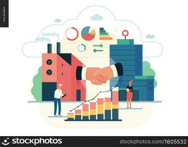 Business series, color 1 - b2b. business to business - modern flat vector illustration concept of b2b - a factory and a corporate buildings shaking their hands. Creative landing page design template. Business series - b2b. business to business, web template