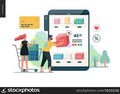 Business series, color 1 - buy online shop - modern flat vector illustration concept of man and woman shopping online Website interaction and purchasing process. Creative landing page design template. Business series - buy online shop web template