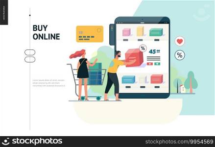 Business series, color 1 - buy online shop - modern flat vector illustration concept of man and woman shopping online Website interaction and purchasing process. Creative landing page design template. Business series - buy online shop web template