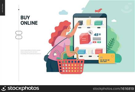 Business series, color 1 -buy online shop -modern flat vector illustration concept of woman shopping online holding basket. Website interaction -purchase process. Creative landing page design template. Business series - buy online shop web template