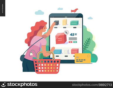 Business series, color 1 -buy online shop -modern flat vector illustration concept of woman shopping online holding basket. Website interaction -purchase process. Creative landing page design template. Business series - buy online shop web template