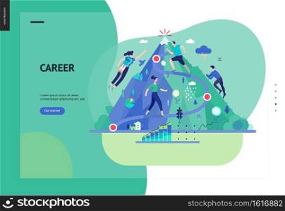 Business series, color 1- career -modern flat vector illustration concept of career - people climbing the mountain. Climbing up the career ladder process metaphor Creative landing page design template. Business series - career web template