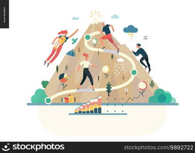 Business series, color 1- career -modern flat vector illustration concept of career - people climbing the mountain. Climbing up the career ladder process metaphor Creative landing page design template. Business series - career web template