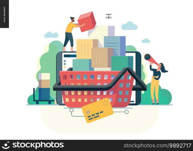 Business series, color 1- cart - modern flat vector illustration concept of online shop - people placing boxes into the cart. Purchase cart and shopping process. Creative landing page design template. Business series - cart web template