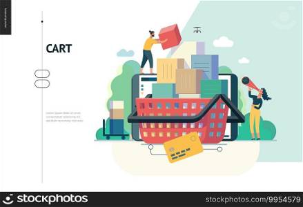 Business series, color 1- cart - modern flat vector illustration concept of online shop - people placing boxes into the cart. Purchase cart and shopping process. Creative landing page design template. Business series - cart web template