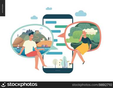 Business series, color 1 - chat - modern flat vector illustration concept of people chating in messenger and the chat app on the phone screen. Creative landing page or company support design template. Business series - chat, web template